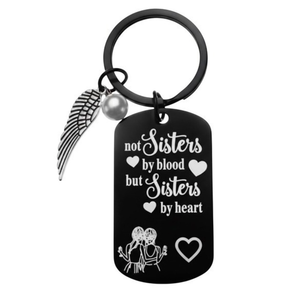 NWOT Sisters By Heart Keychain Angel Wing Pearl Charm Black